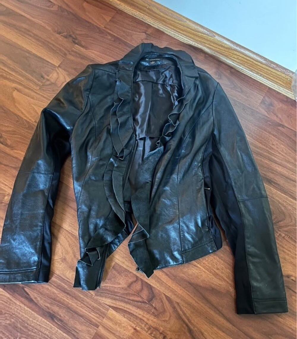 INC Women's Black Leather Ruffle Front Long Sleeve Short Jacket Size L